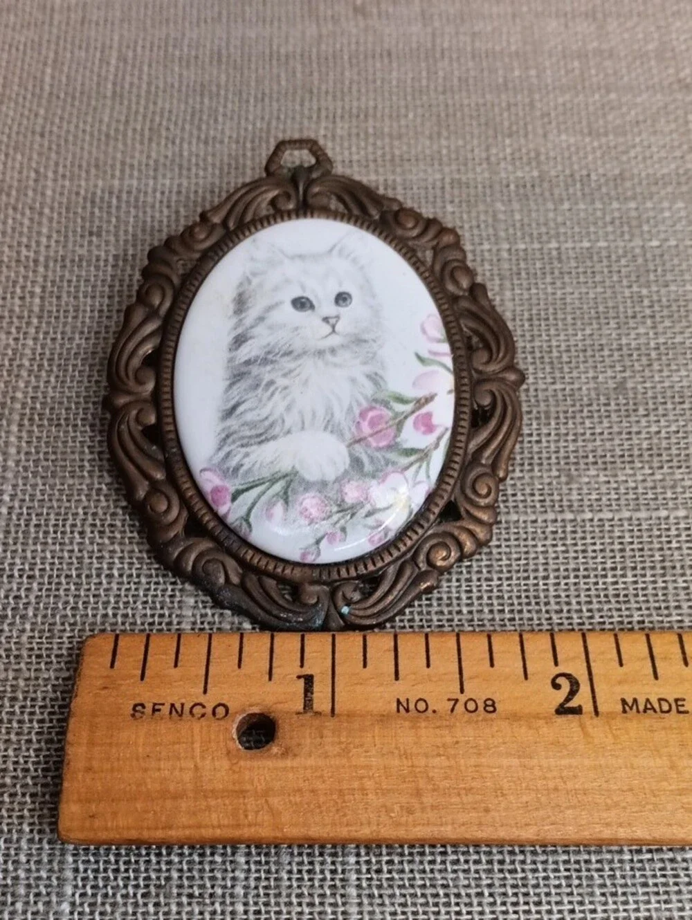 Hand Crafted Bronze-Tone Cat Cameo Brooch with Pink Floral Accents